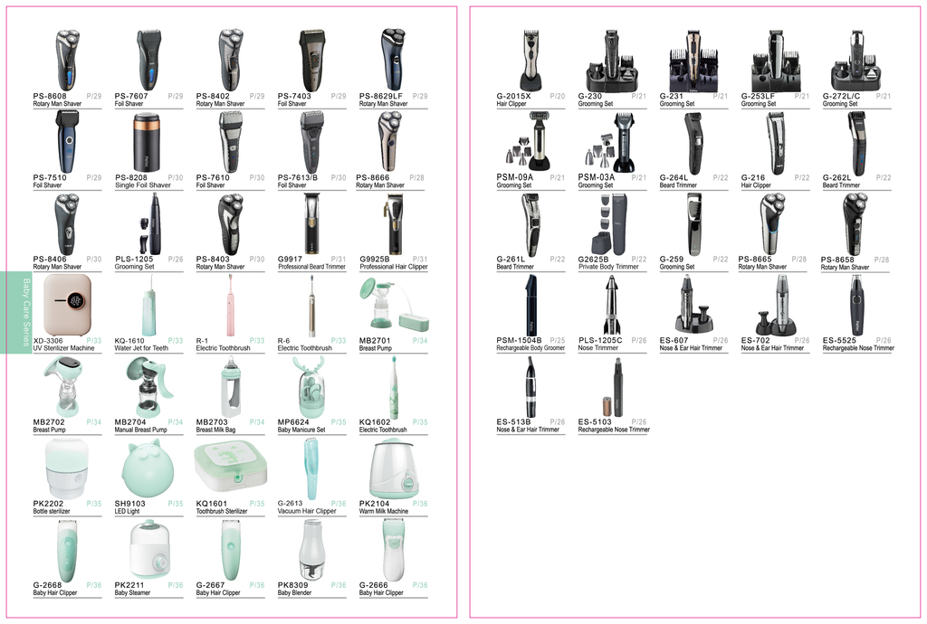 Hair Clippers, Shavers, Grooming Sets, Beard Trimmer, Nose/Eear/EyerbowTrimmers Sets, Hair Irons, Hot Hair Brush, IPL, Pedi Tool, Manicure Set, Hair Dryers, Face Cleaner, Nail Polisher, Nail Dryer, Private Trimmer, Body Groomer, Kettle, UV sterilizer,etc.
